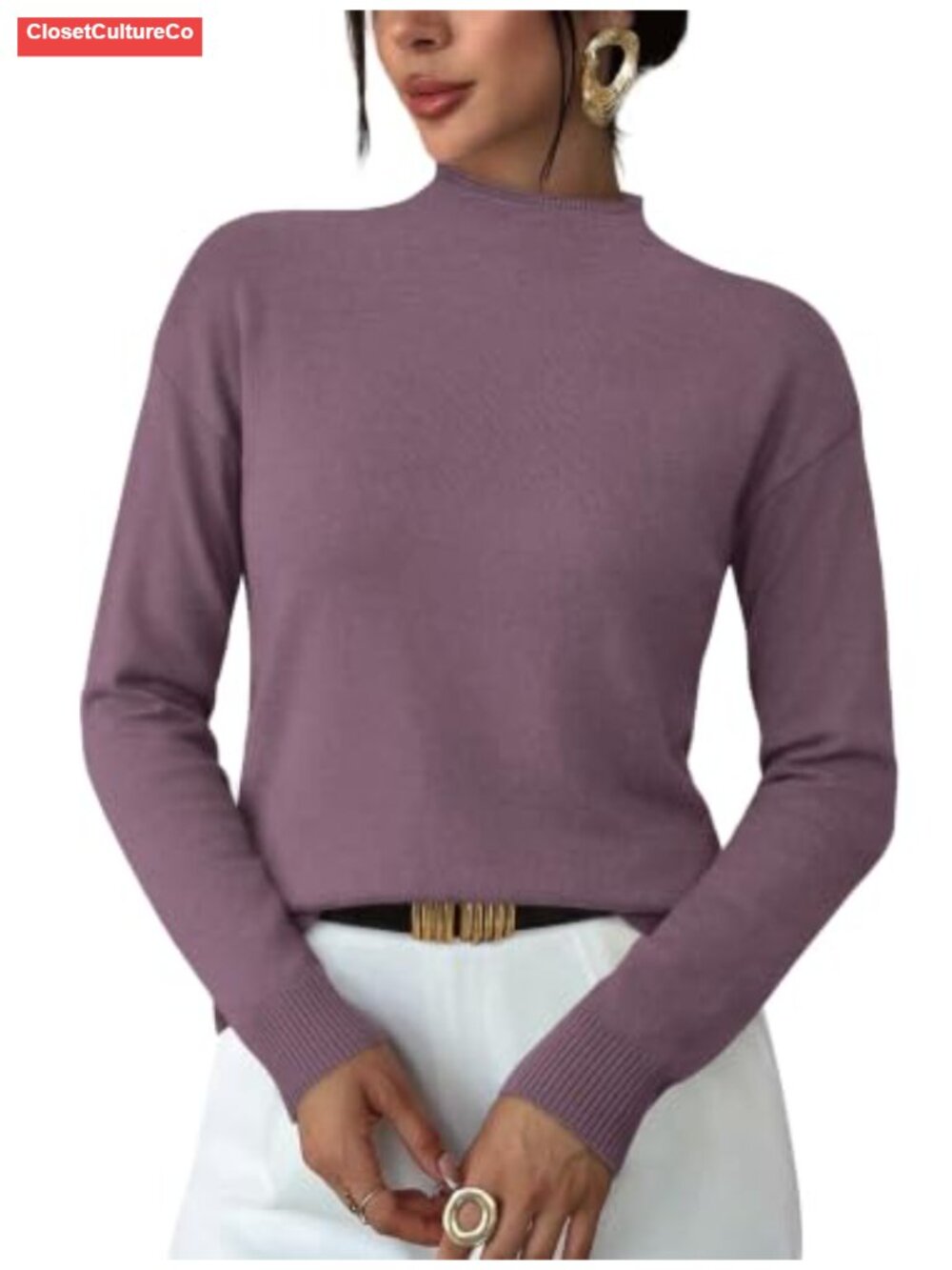 Womens Mock Neck Sweater Pullover Long Sleeve Lightweight Knit Top
